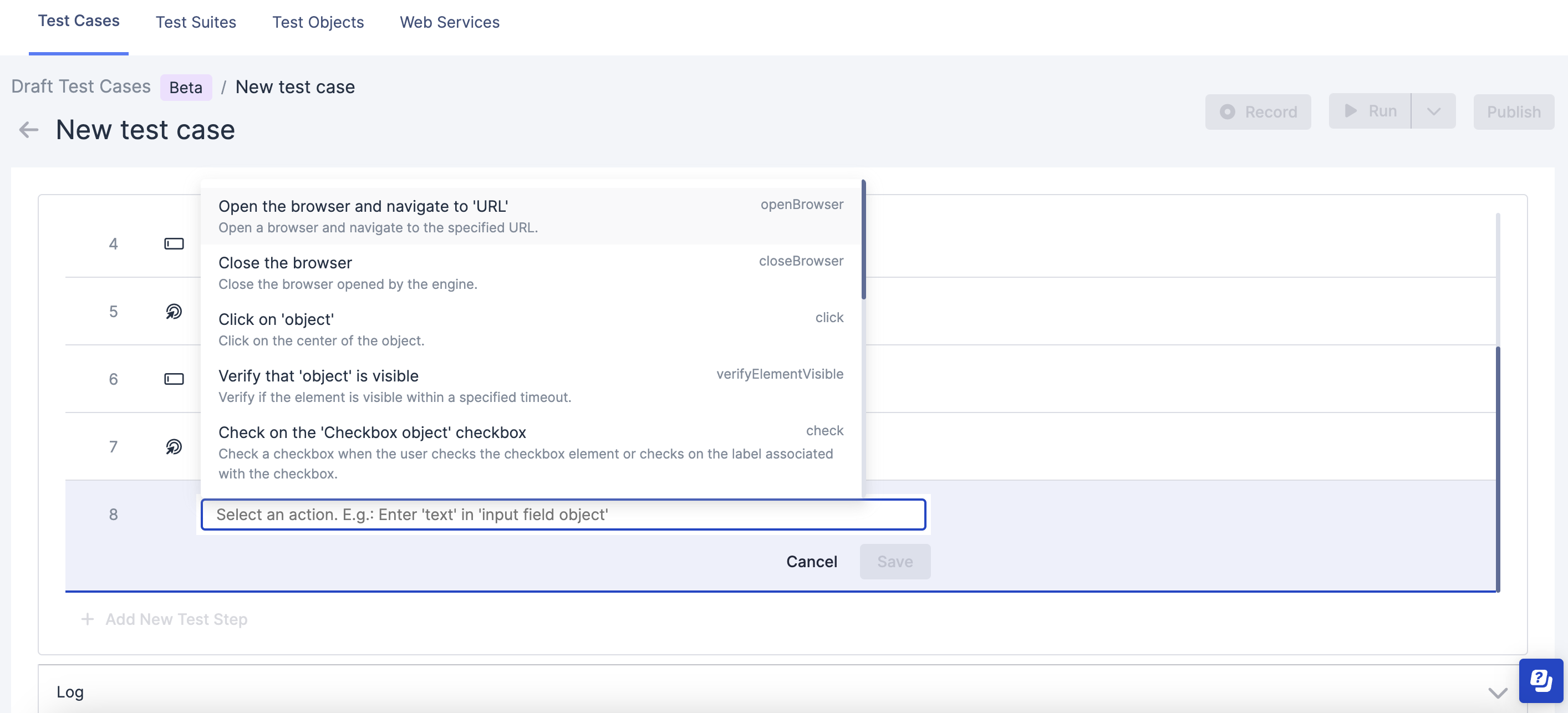 Select supported action for your new test step.