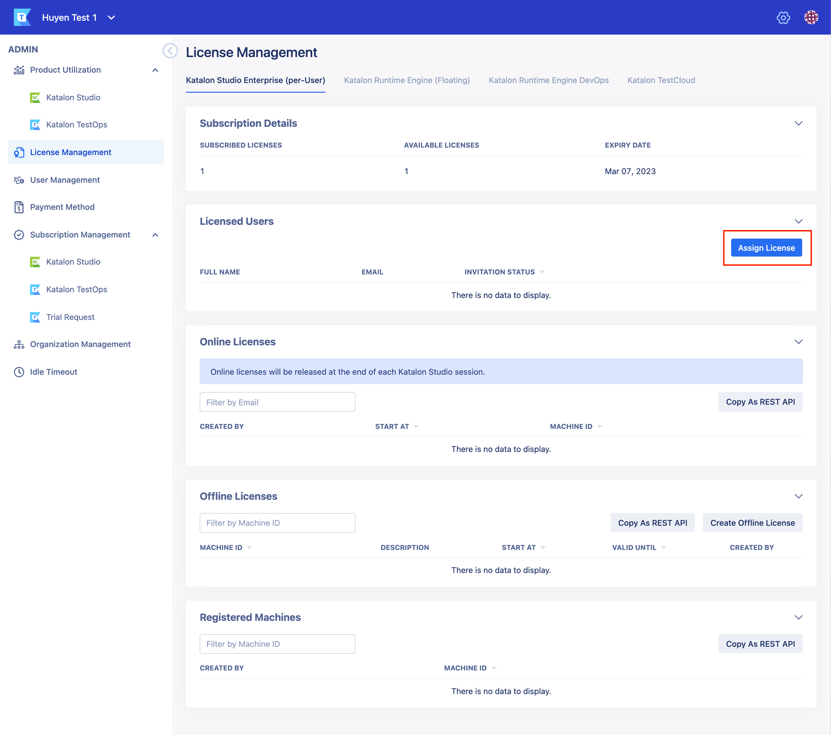 Assign licenses in the License Management page