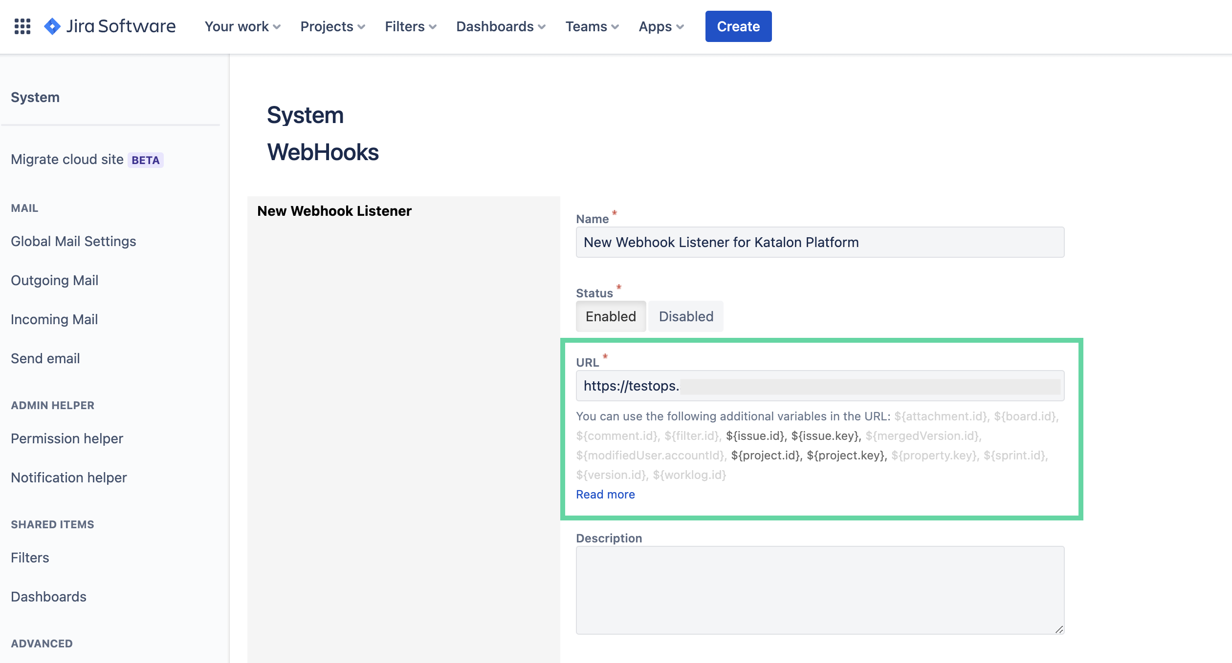 Paste jira webhook URL