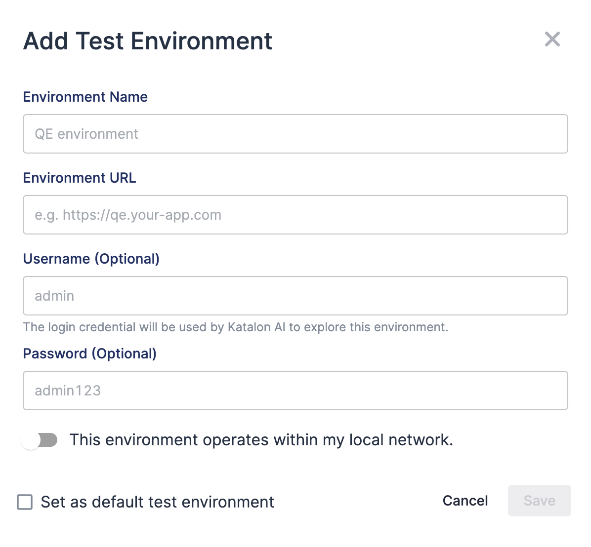 Add test environment dialog