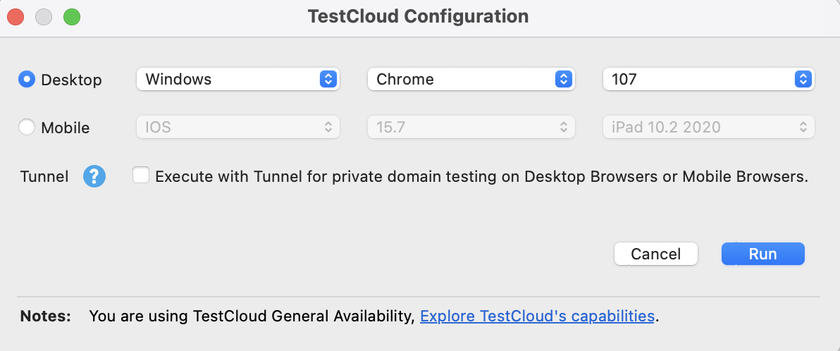 Katalon Studio - TestCloud Configuration dialog