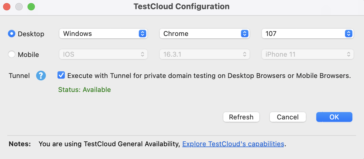 Katalon Studio - TestCloud Configuration dialog - TestCloud Tunnel available