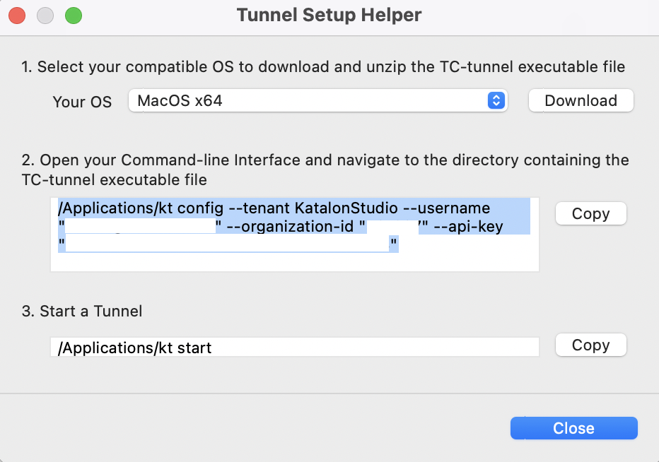 Katalon Studio - Tunnel Setup Helper dialog