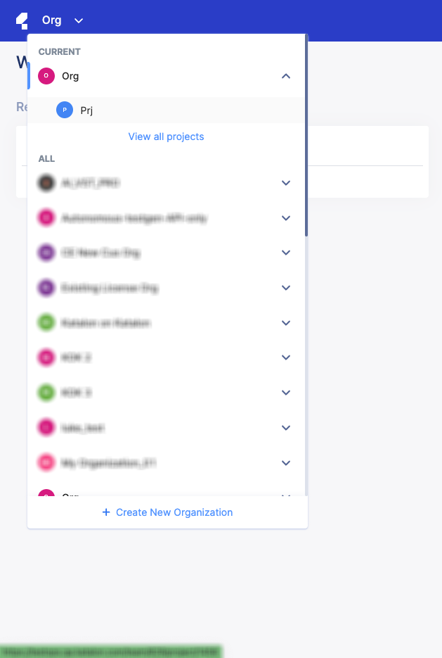 Organization and project menu in Katalon Platform.