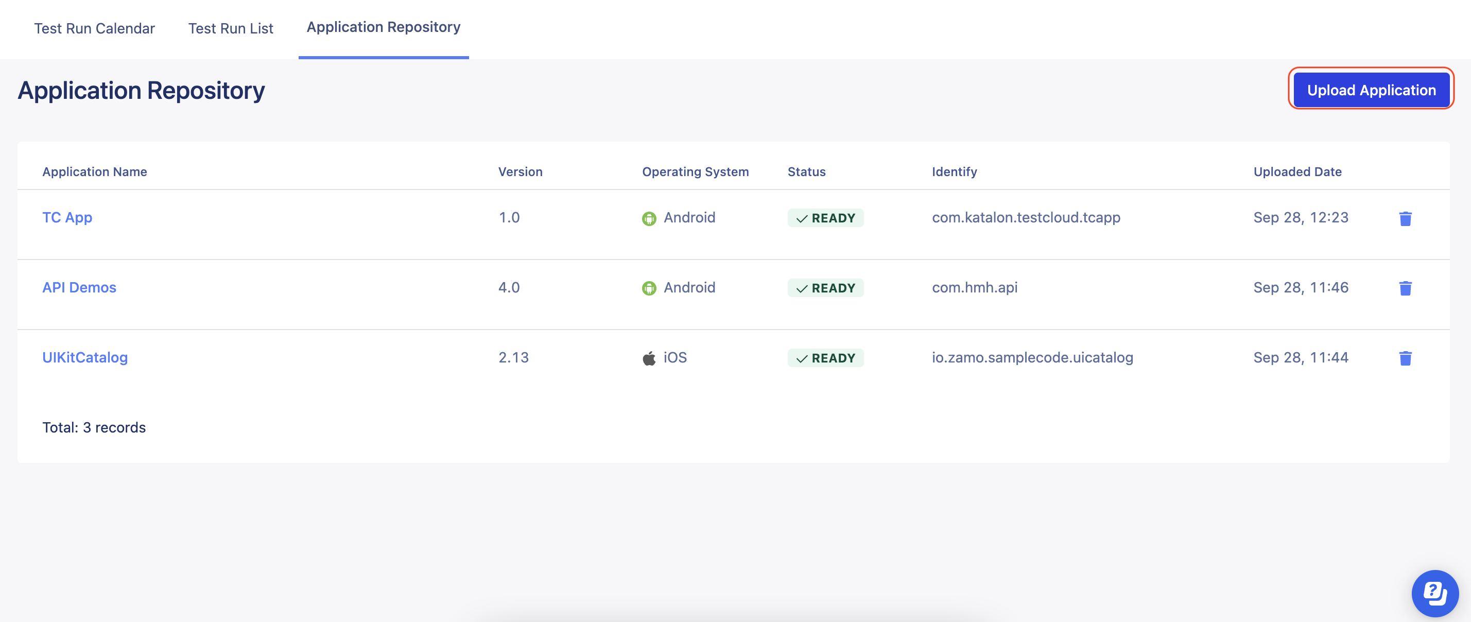 Application Repository list in Katalon TestOps