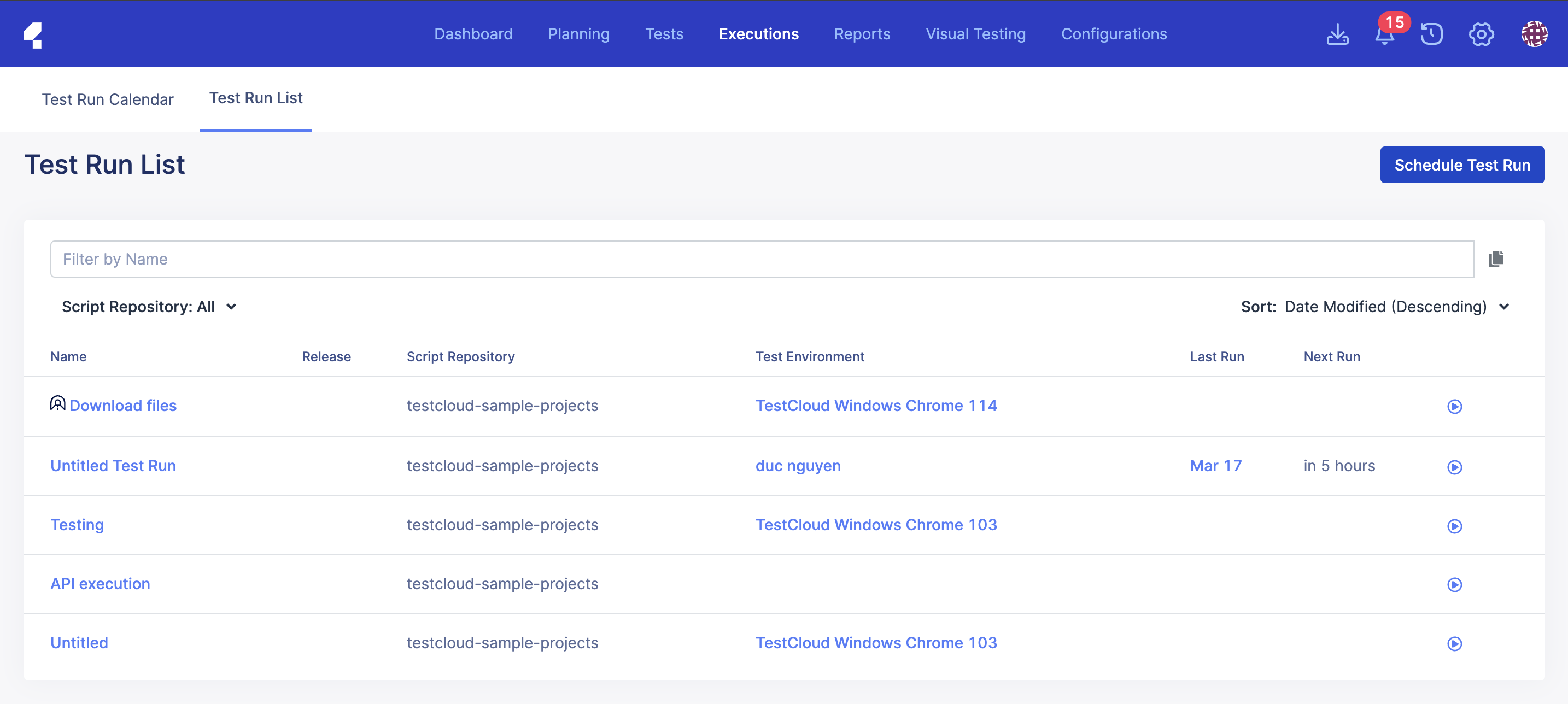 test run list on TestOps