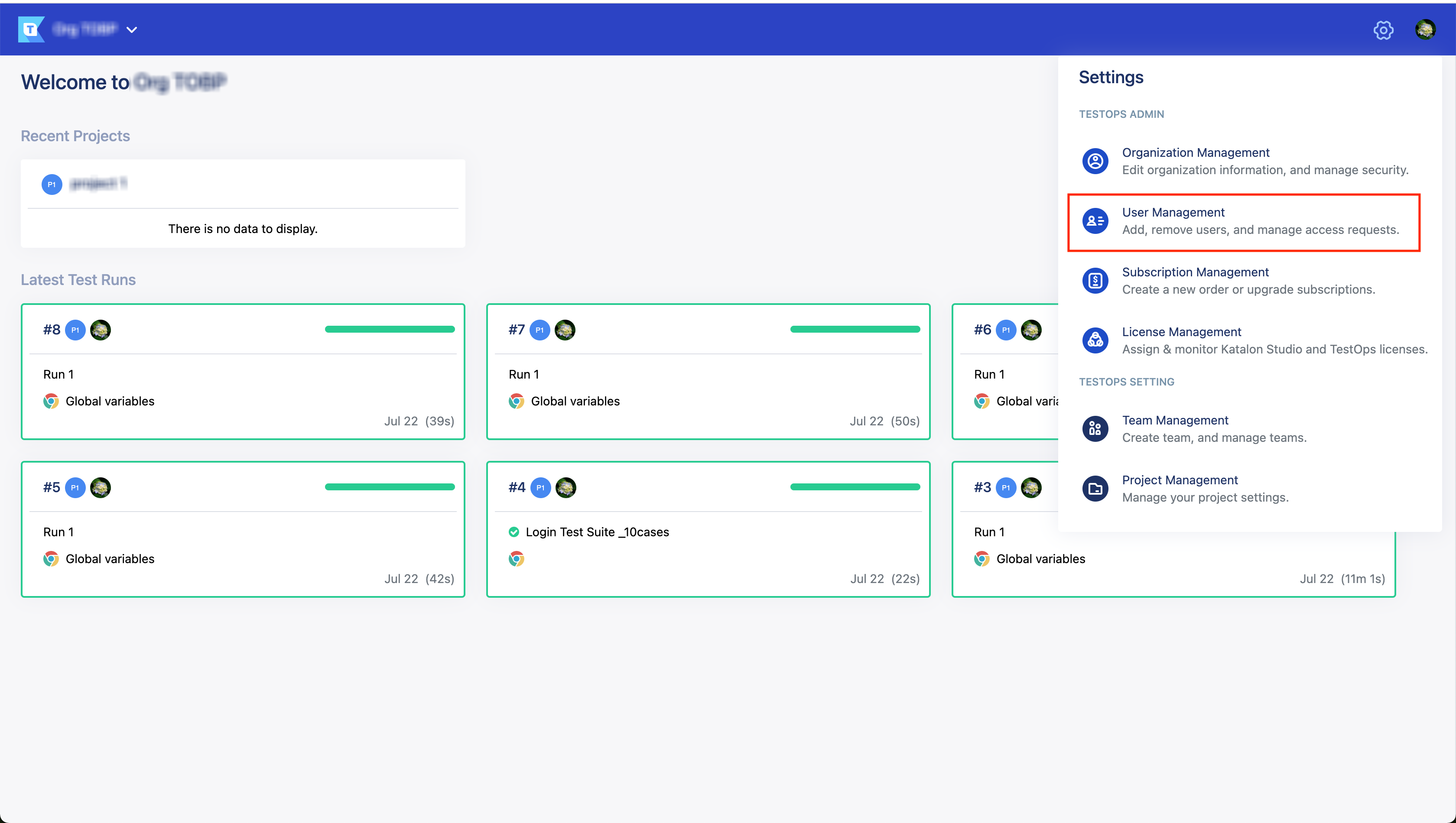 View user management settings in Katalon TestOps.