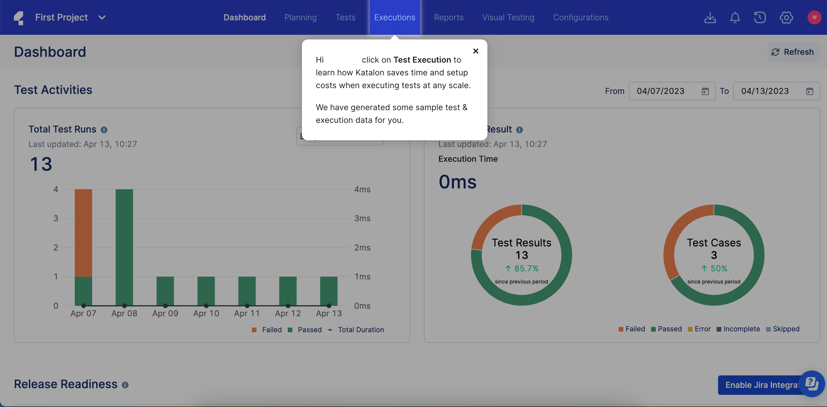 The Katalon Platform dashboard.