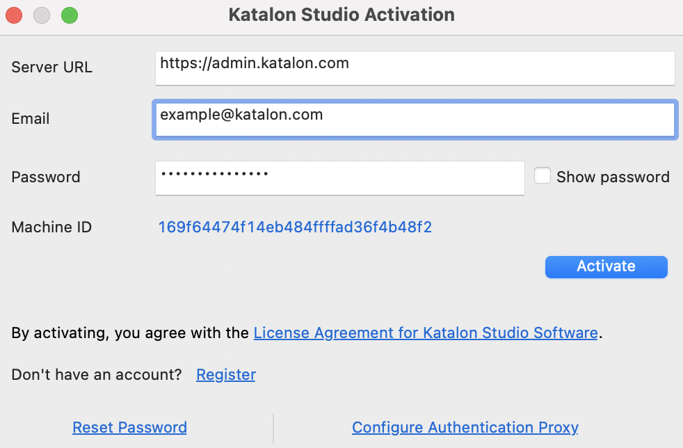 The Katalon Studio activation dialog box.