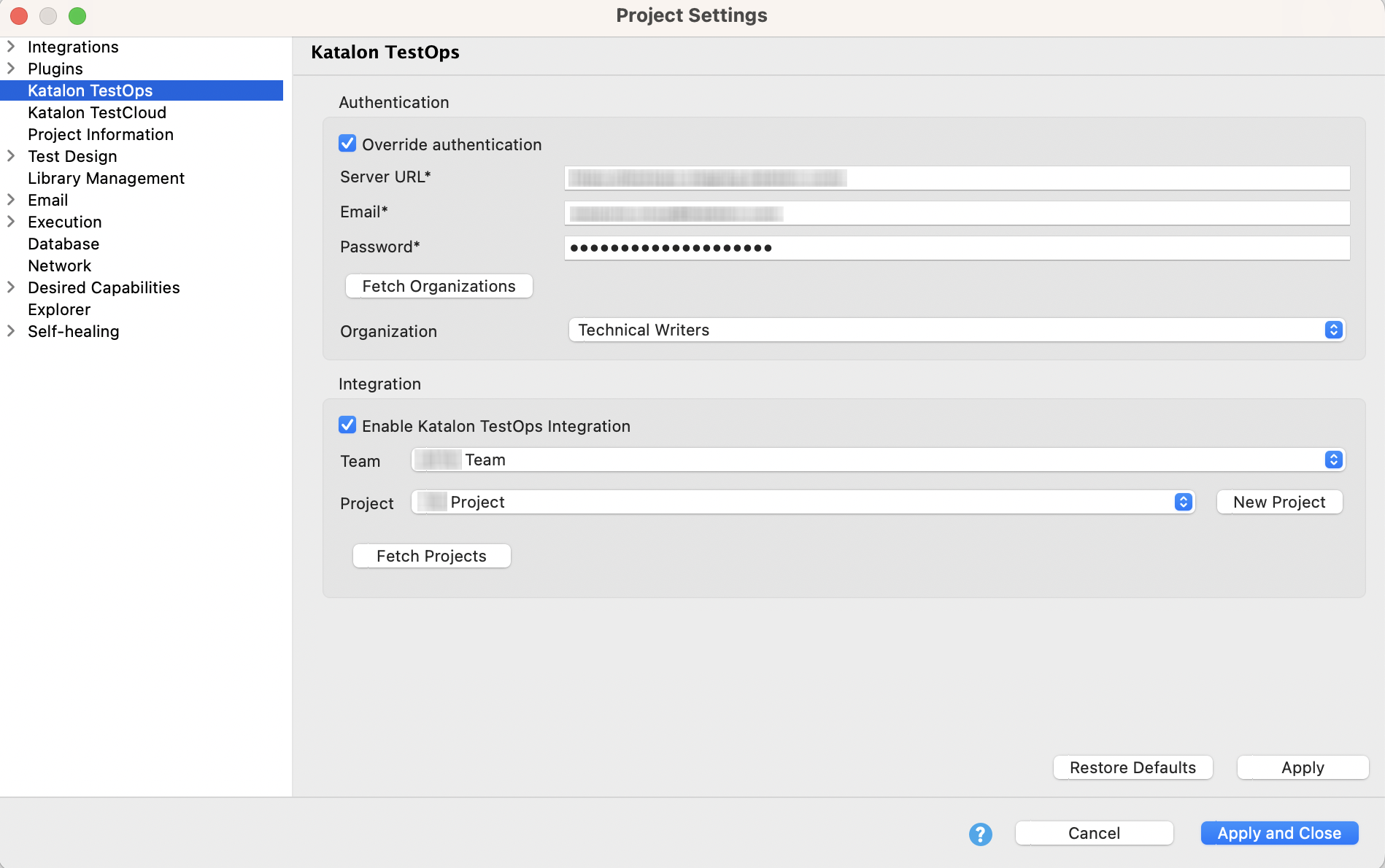 The project settings menu in Katalon Studio Enterprise.