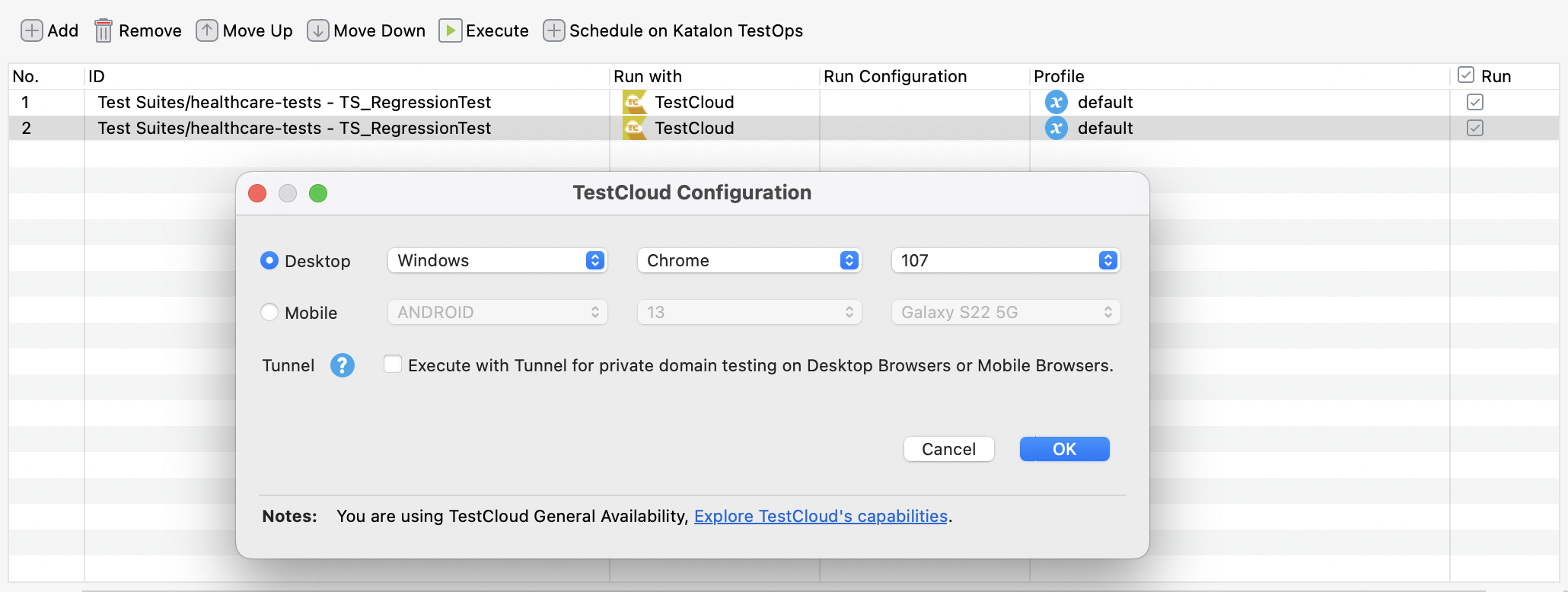 TestCloud Configuration dialog in Katalon Studio - Test Suite Collection