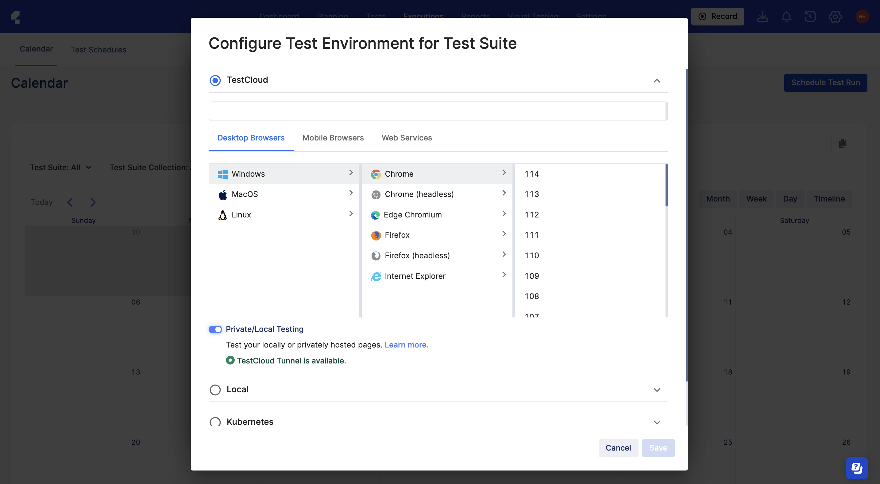 TestCloud test environment list, local testing enabled