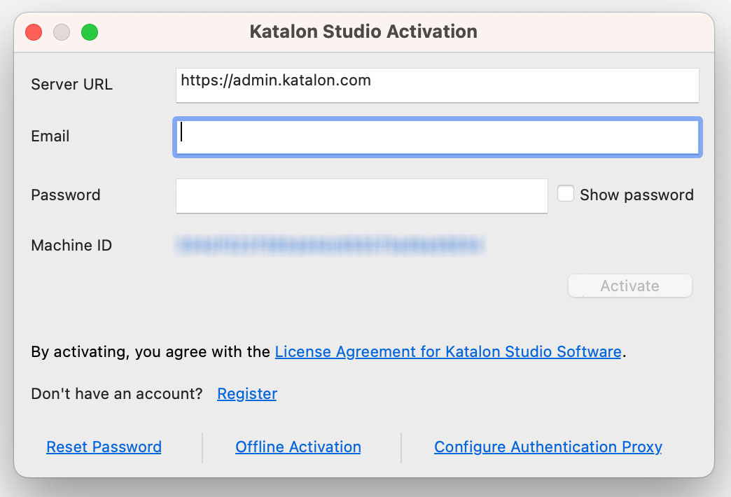 The Katalon Studio activation dialog.