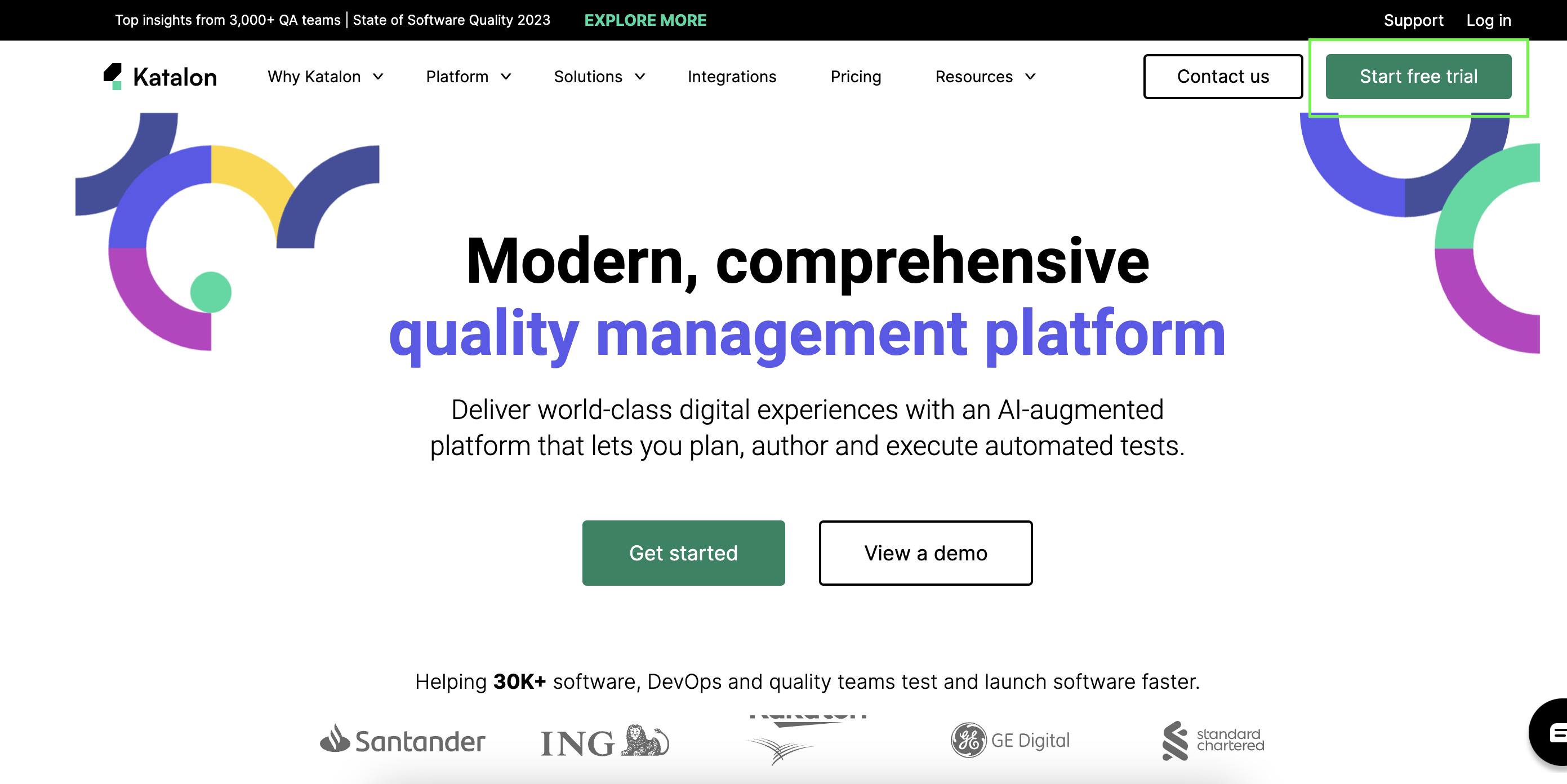 The Katalon Platform homepage's start free trial button.