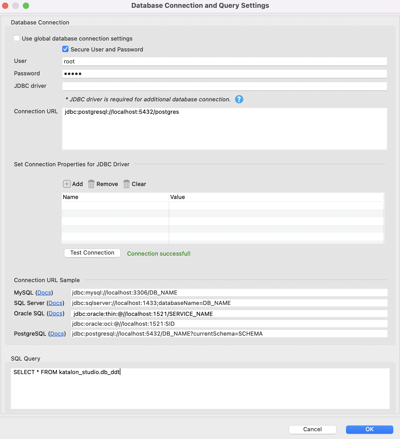 Database Connection and Query Settings dialog in Katalon Studio