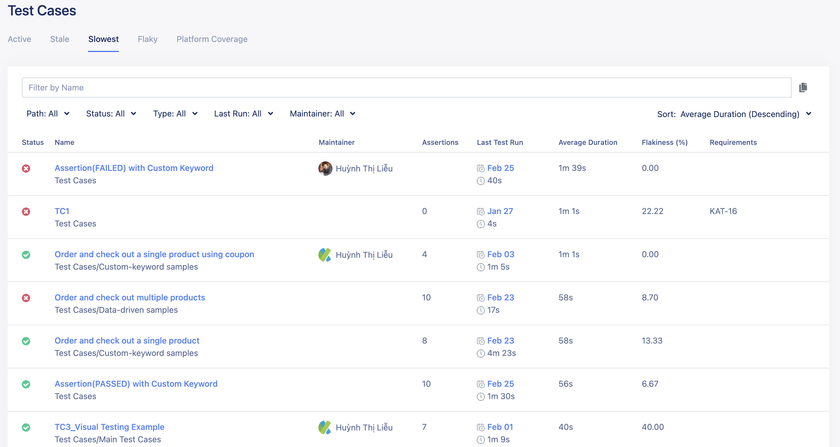 View slowest test cases reports