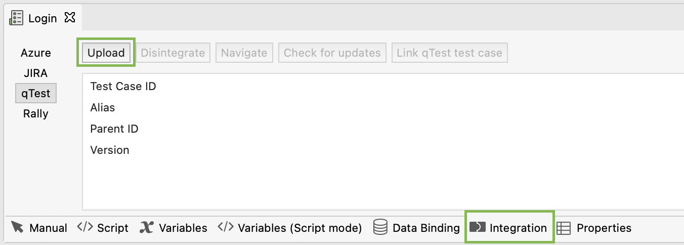 Upload a Studio test case to qTest via the Integration tab