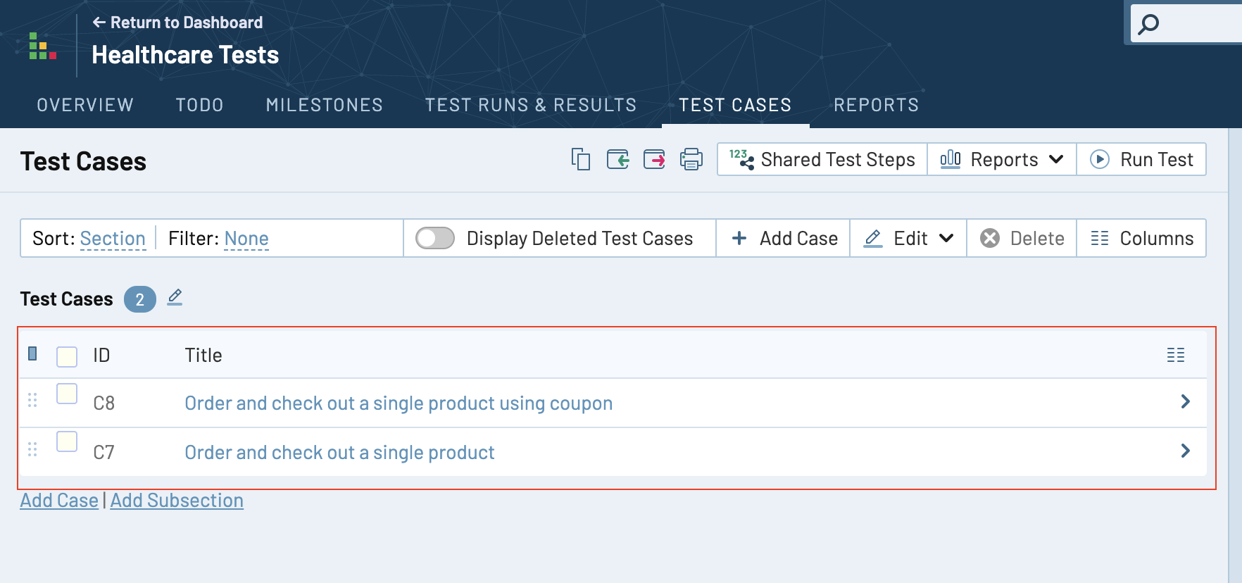 TestRail test case list