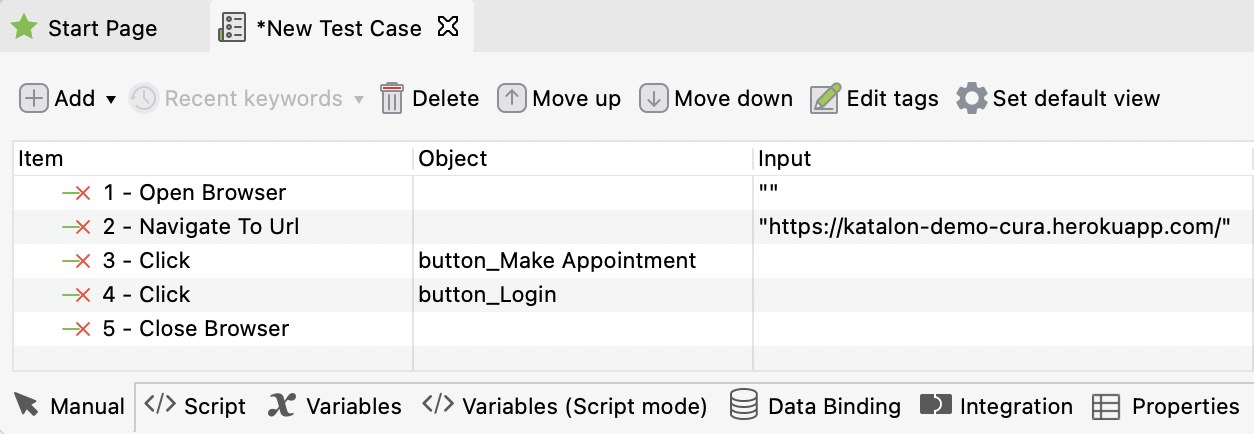 Recorded objects and actions are saved in the test case as shown below.