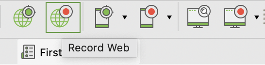 The Record Web utility in Katalon Studio's main toolbar.