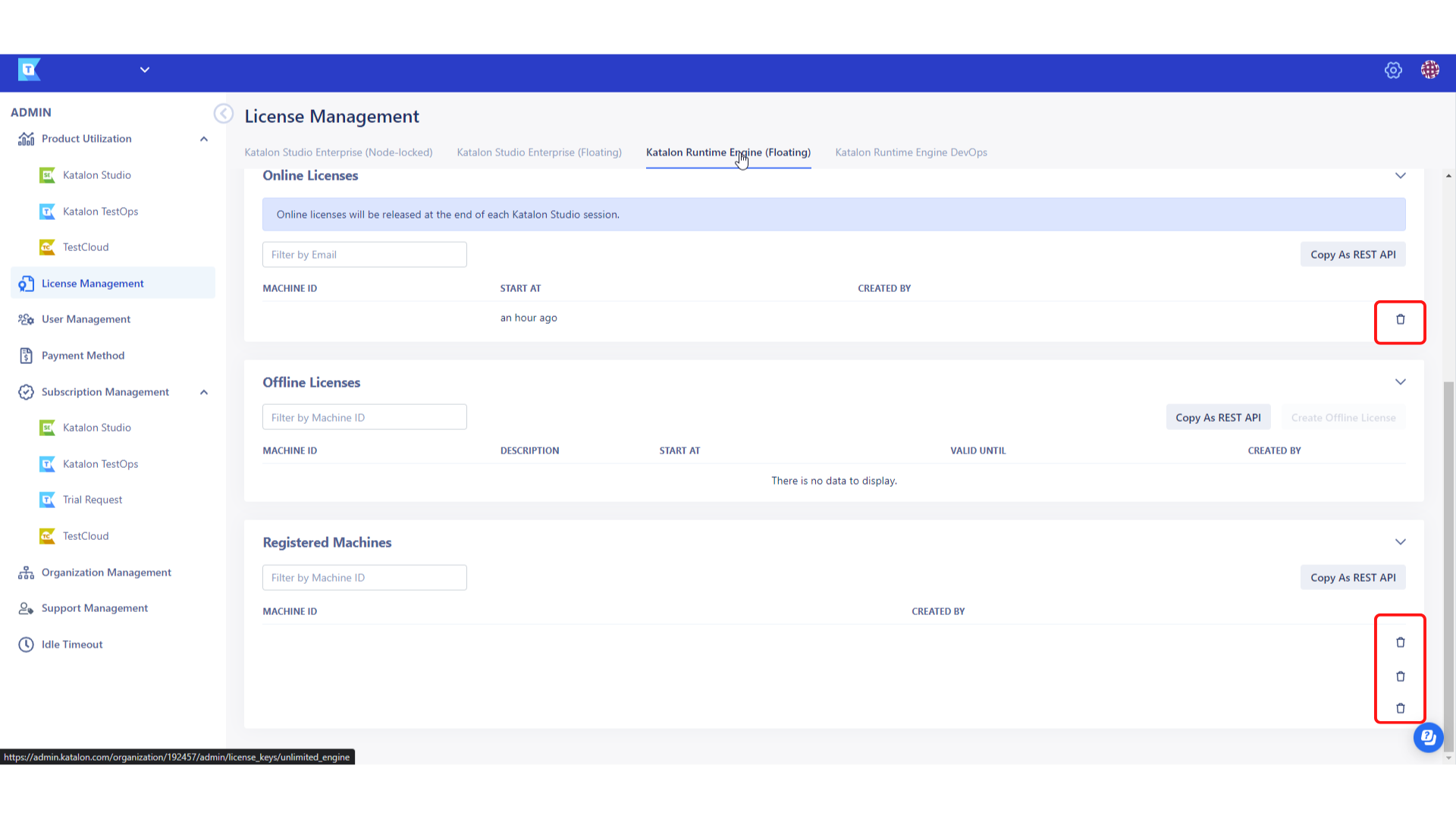 Removing licenses manually on Katalon Platform.