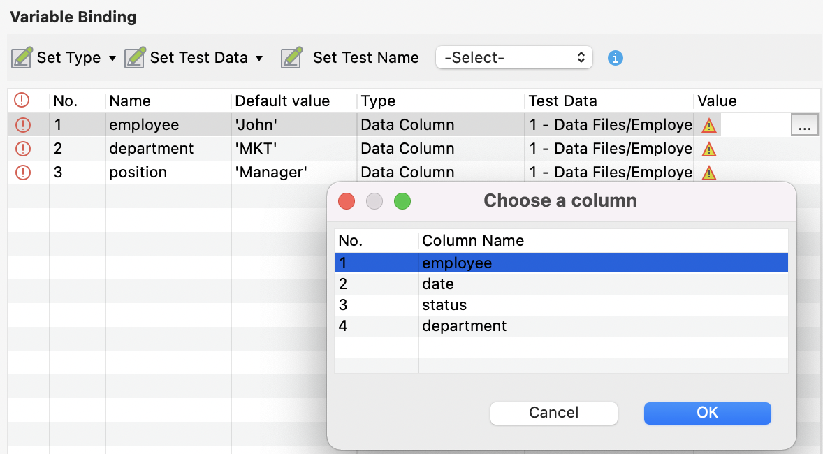 Set test data value