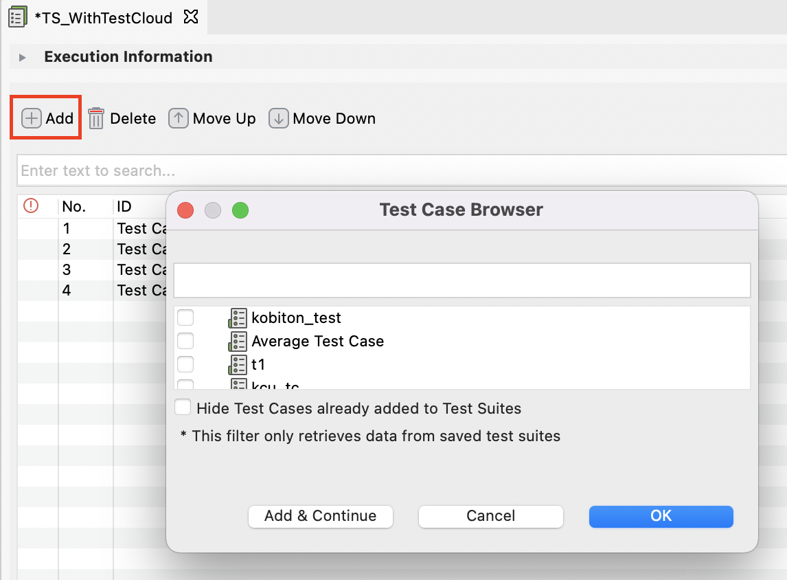 Add test cases to a test suite