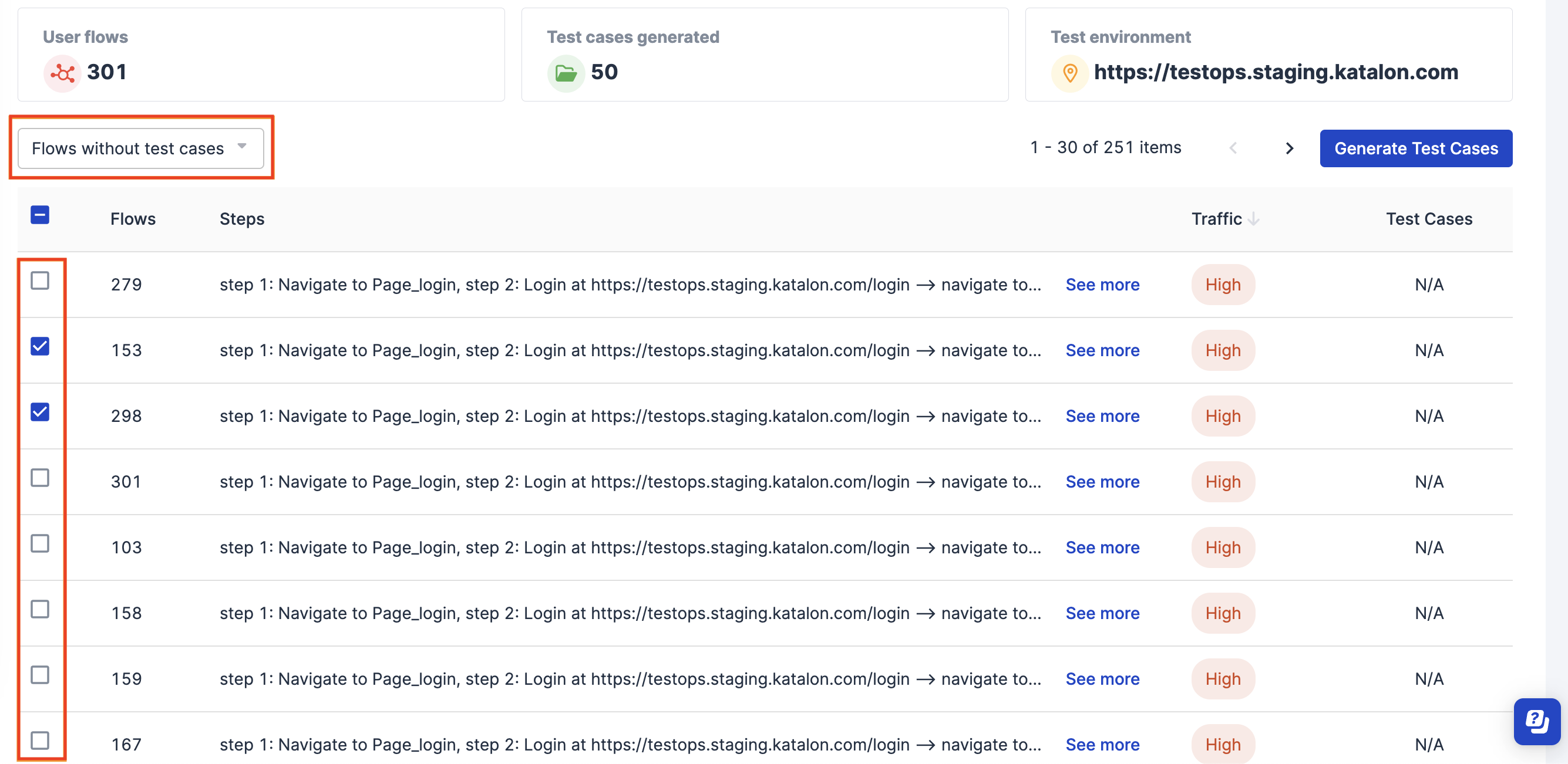 Select flows to generate test cases