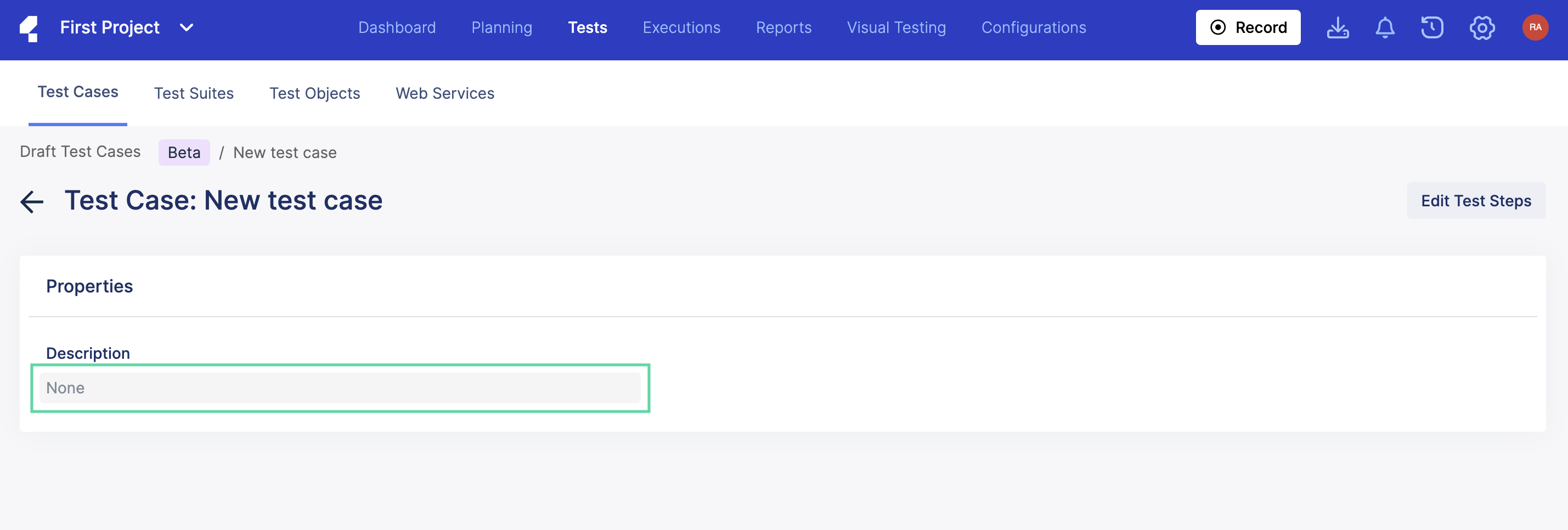 Edit draft test case description.