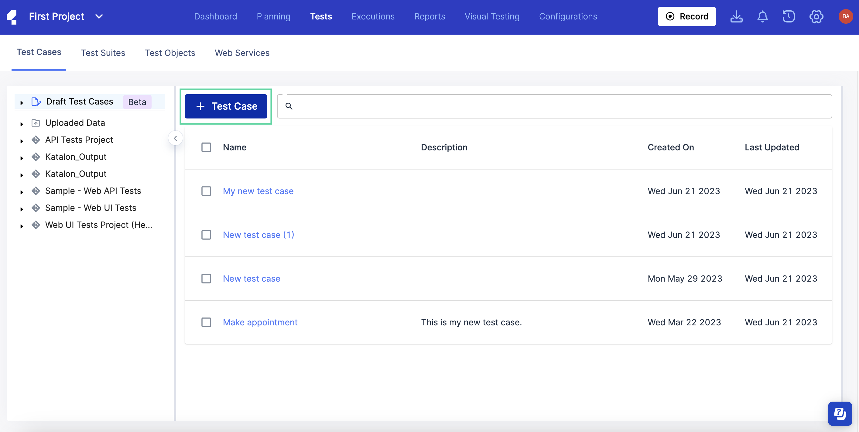 Click + Test Case button to create a new test case.