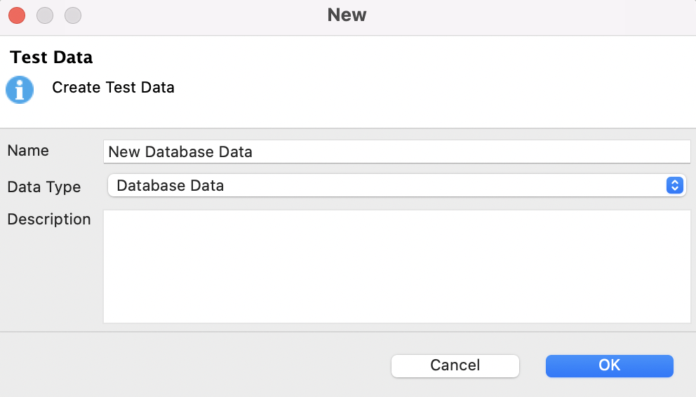 The new test data dialog appears in Katalon Studio