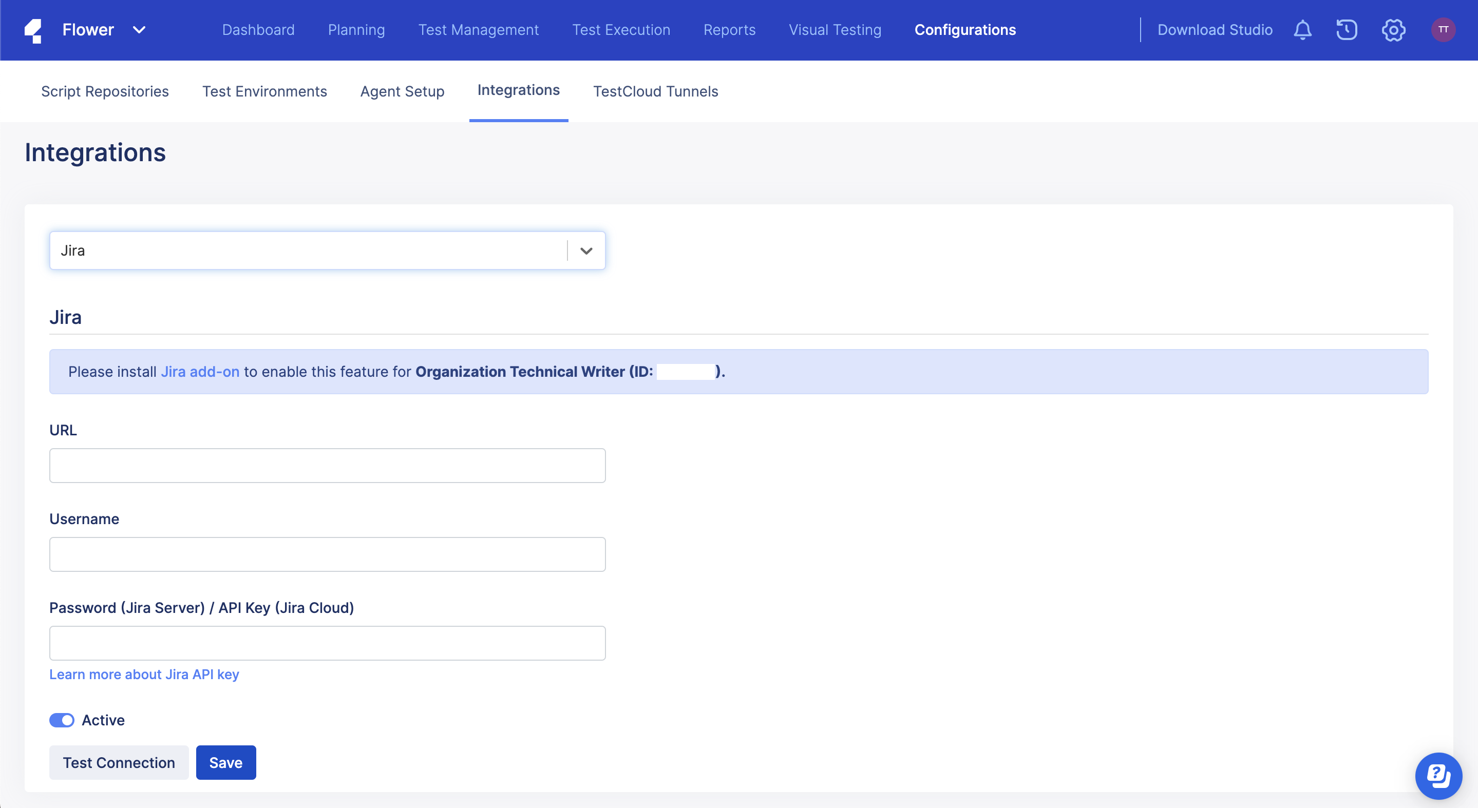 Select Jira integration in TestOps