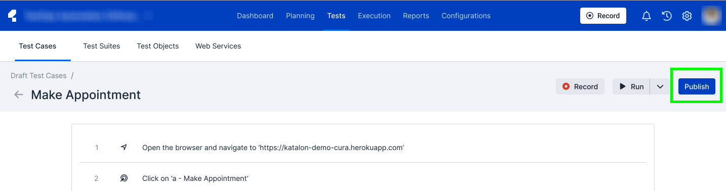 The publish button in Katalon Cloud Studio.