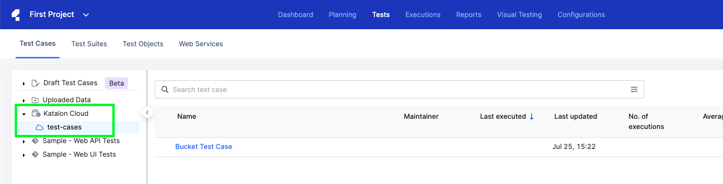 Test cases on the Katalon Cloud.