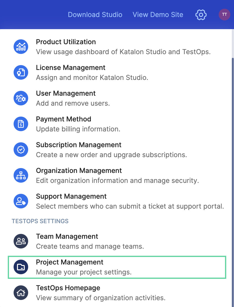 The Project Management section in the settings menu.