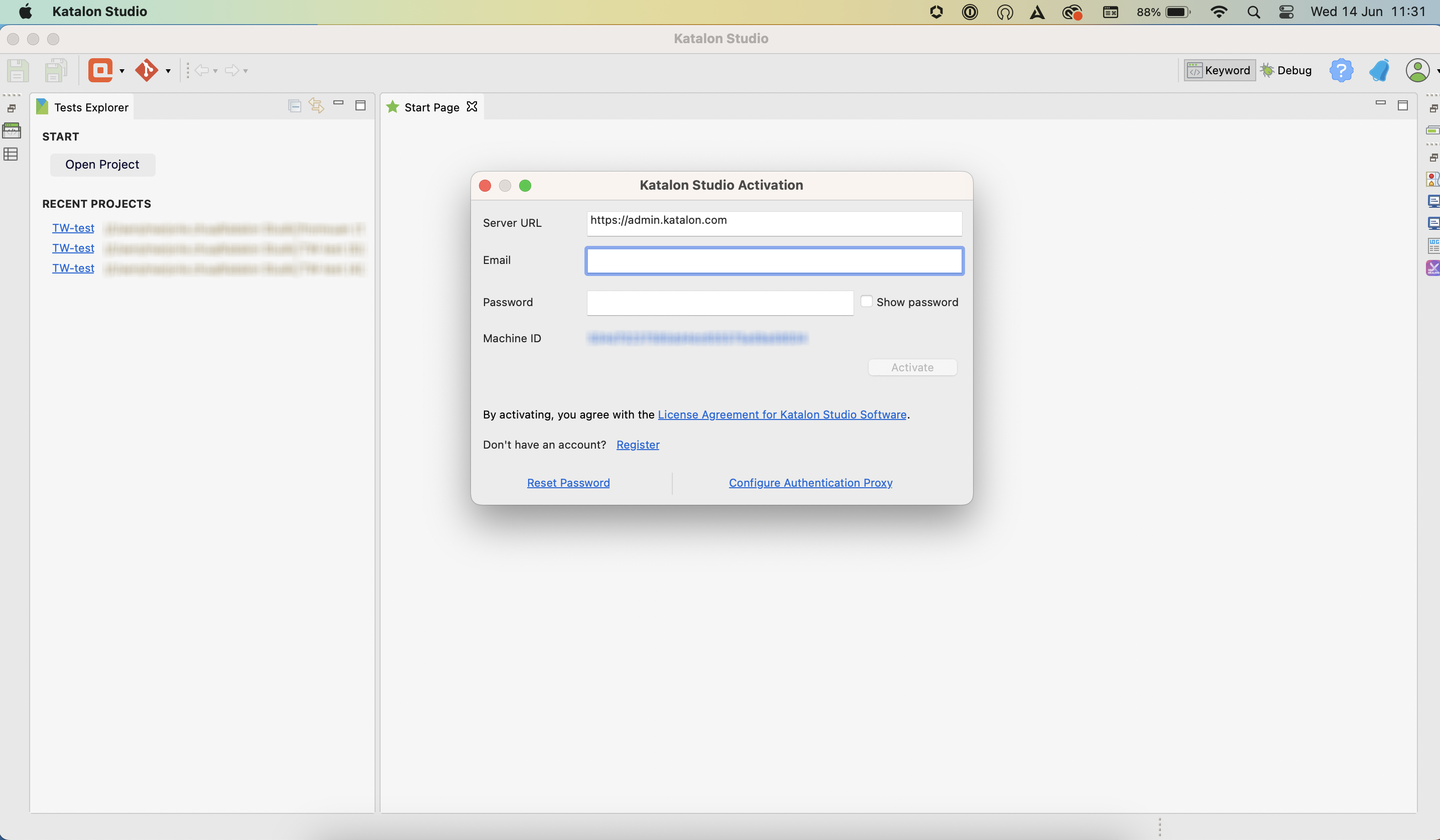 The Katalon Studio Activation dialog box.