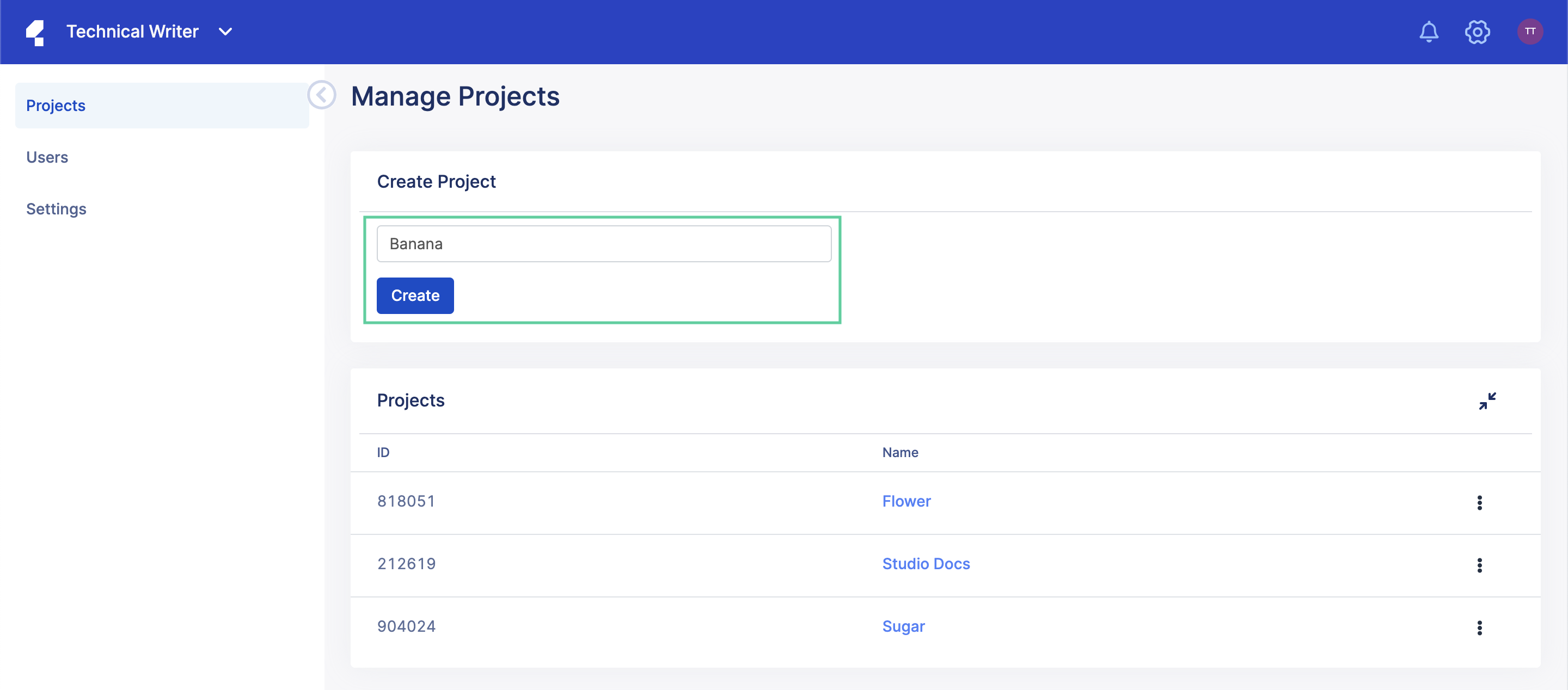 Create a project by inputting a project name.