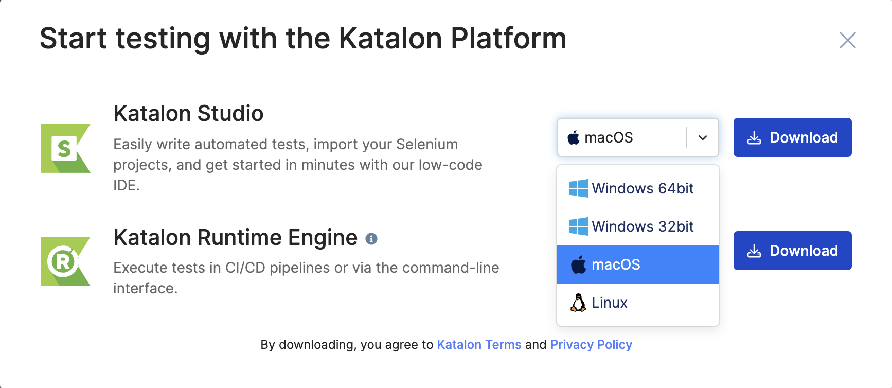 Download Katalon Studio dialog