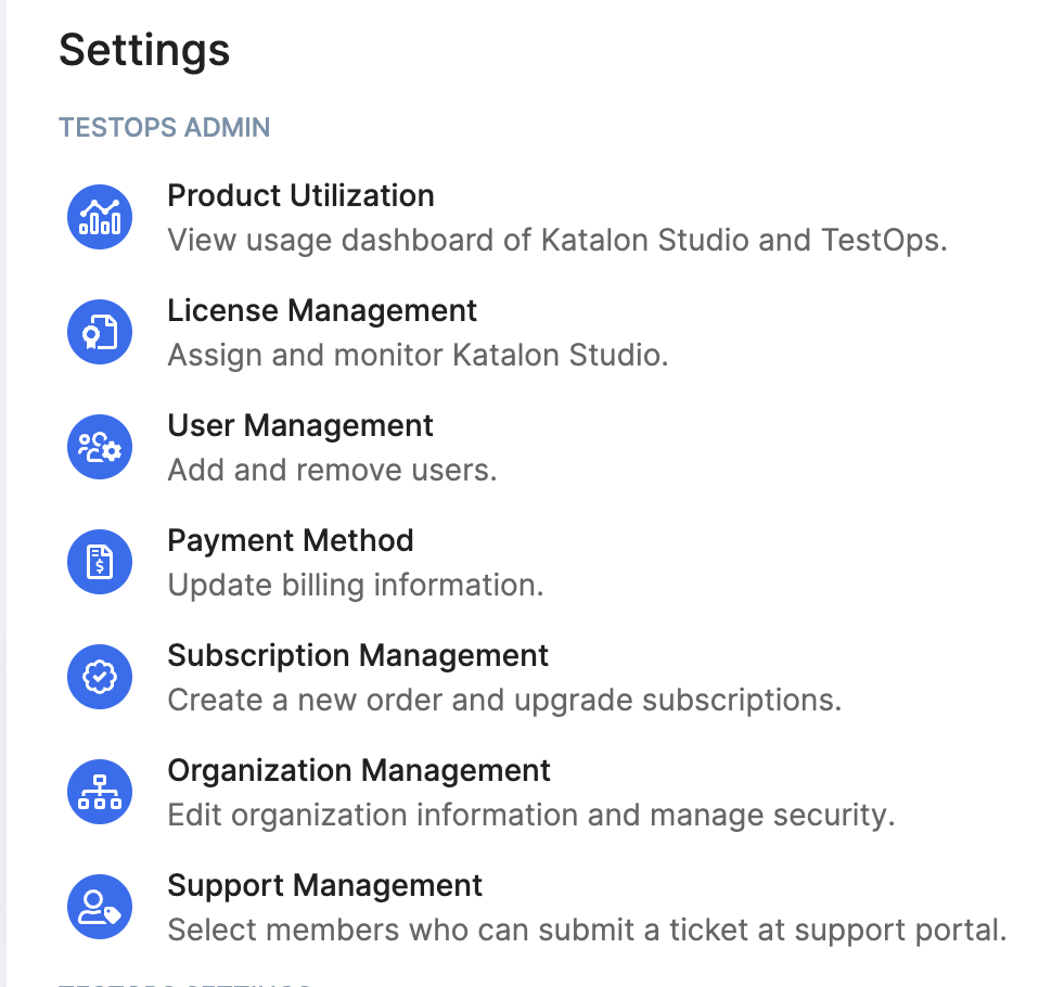 The TestOps admin section in Katalon Platform.